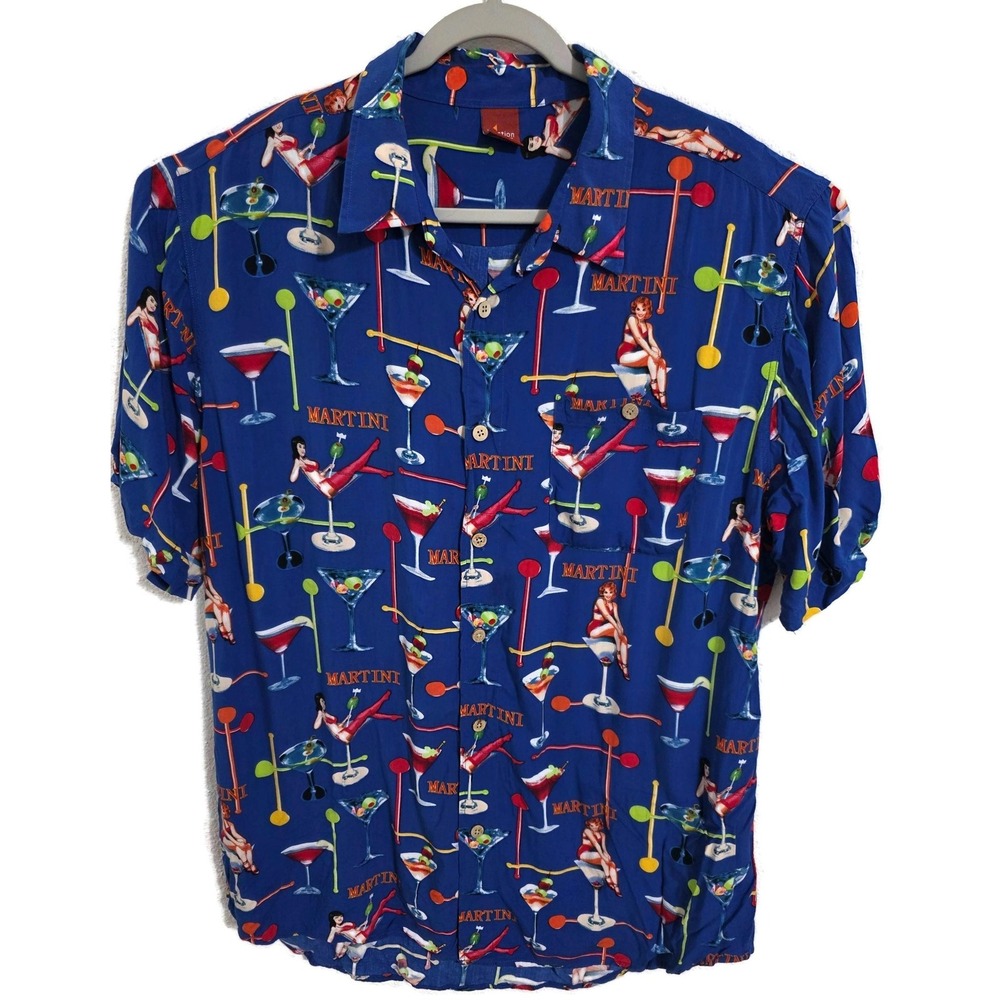 Junction West Shirt‎ Mens 2XL Blue Martini Pin-Up Hawaiian Short Sleeve Button